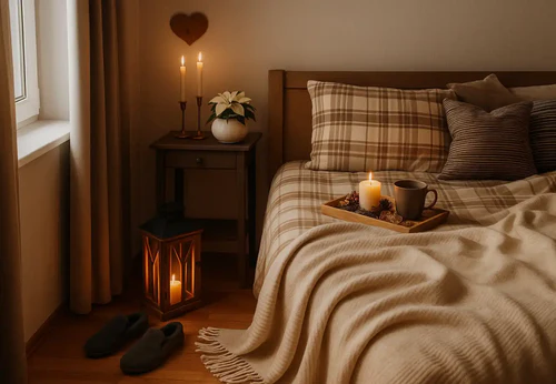 Softly lit bedroom corner with linen bedding, a low lamp and an open book on the nightstand