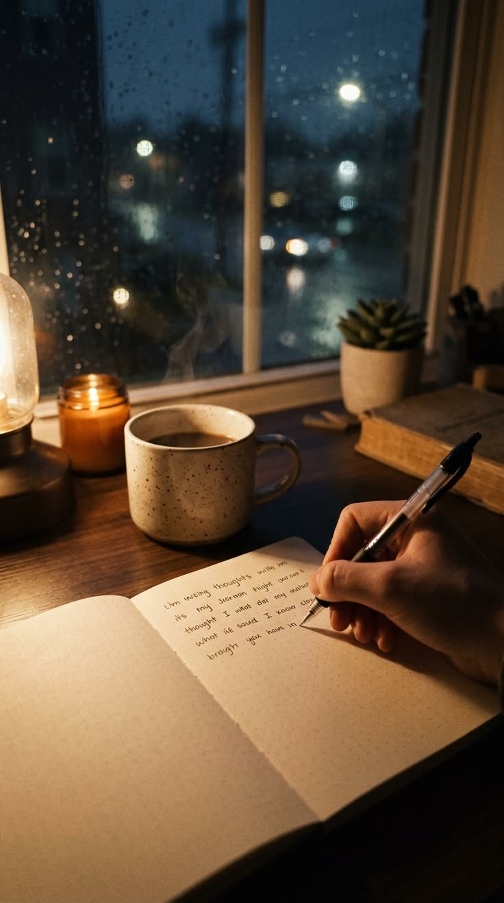Open lined notebook with a pen beside a steaming mug on a softly lit table